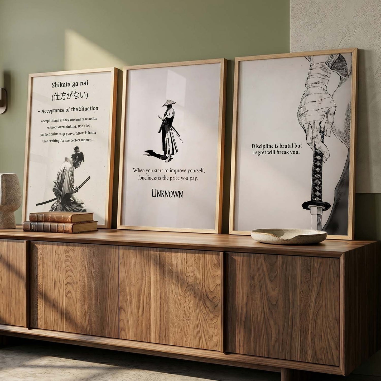 Japanese Samurai Motivational Quotes - Aesthetic Design Wall Art Set of 3 Framed Prints