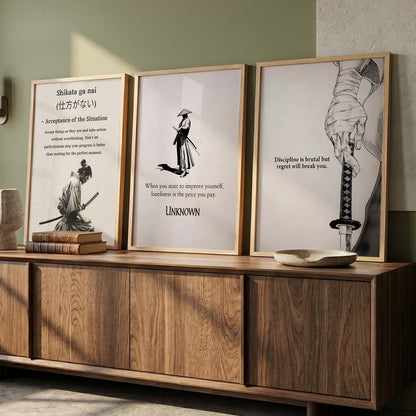 Japanese Samurai Motivational Quotes - Aesthetic Design Wall Art Set of 3 Framed Prints