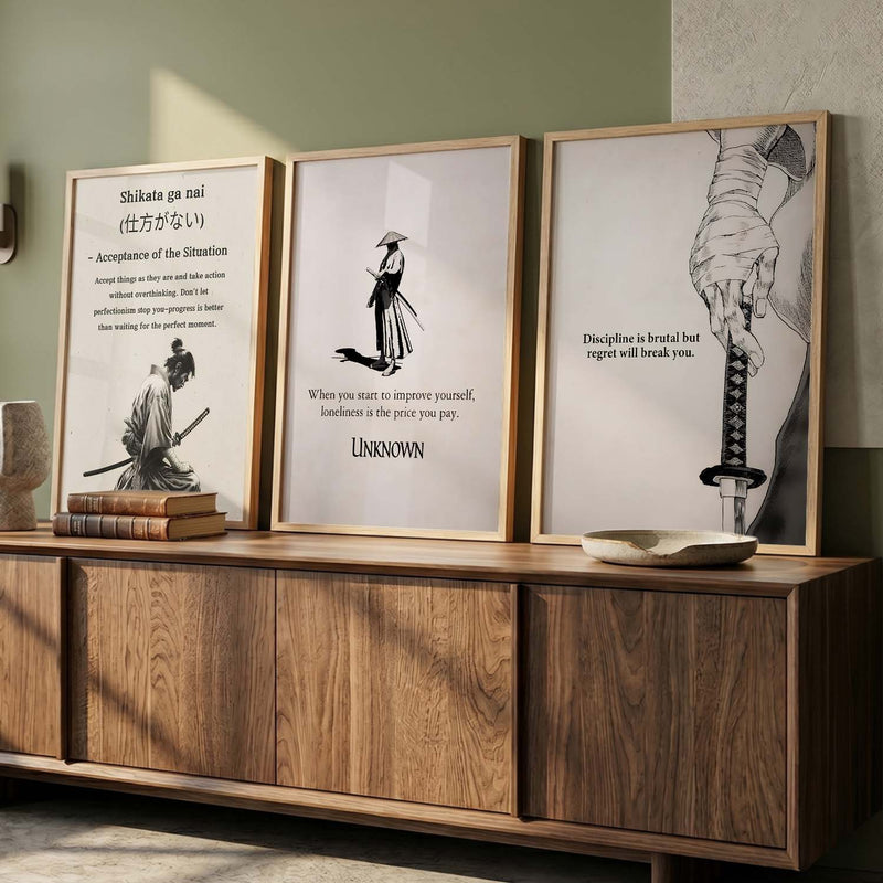 Japanese Samurai Motivational Quotes - Aesthetic Design Wall Art Set of 3 Framed Prints
