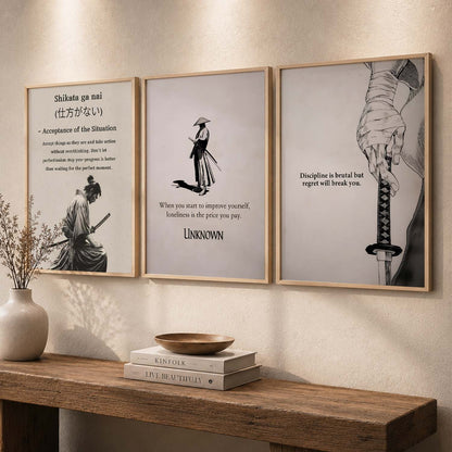 Japanese Samurai Motivational Quotes - Aesthetic Design Wall Art Set of 3 Framed Prints