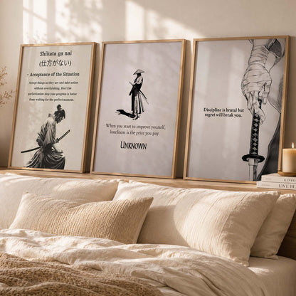 Japanese Samurai Motivational Quotes - Aesthetic Design Wall Art Set of 3 Framed Prints