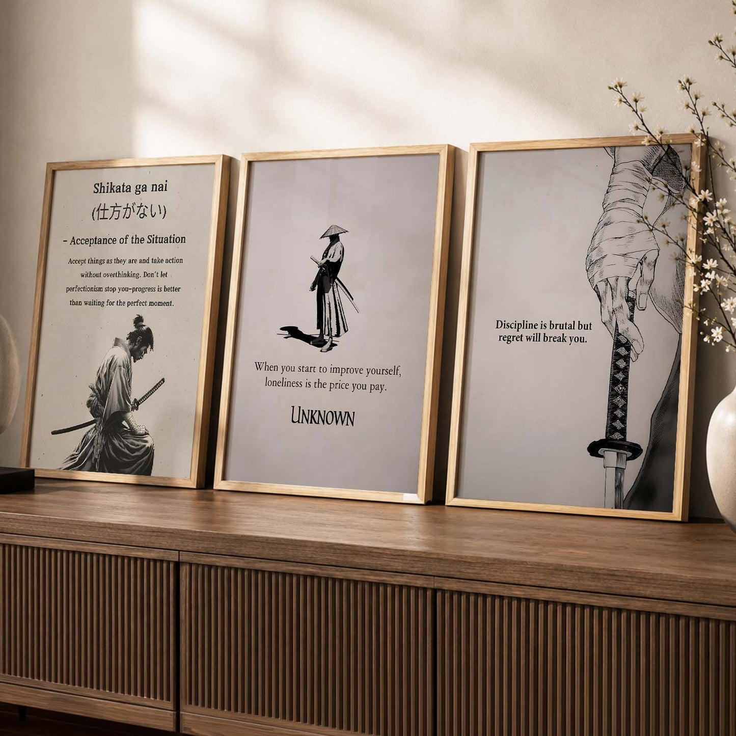 Japanese Samurai Motivational Quotes - Aesthetic Design Wall Art Set of 3 Framed Prints