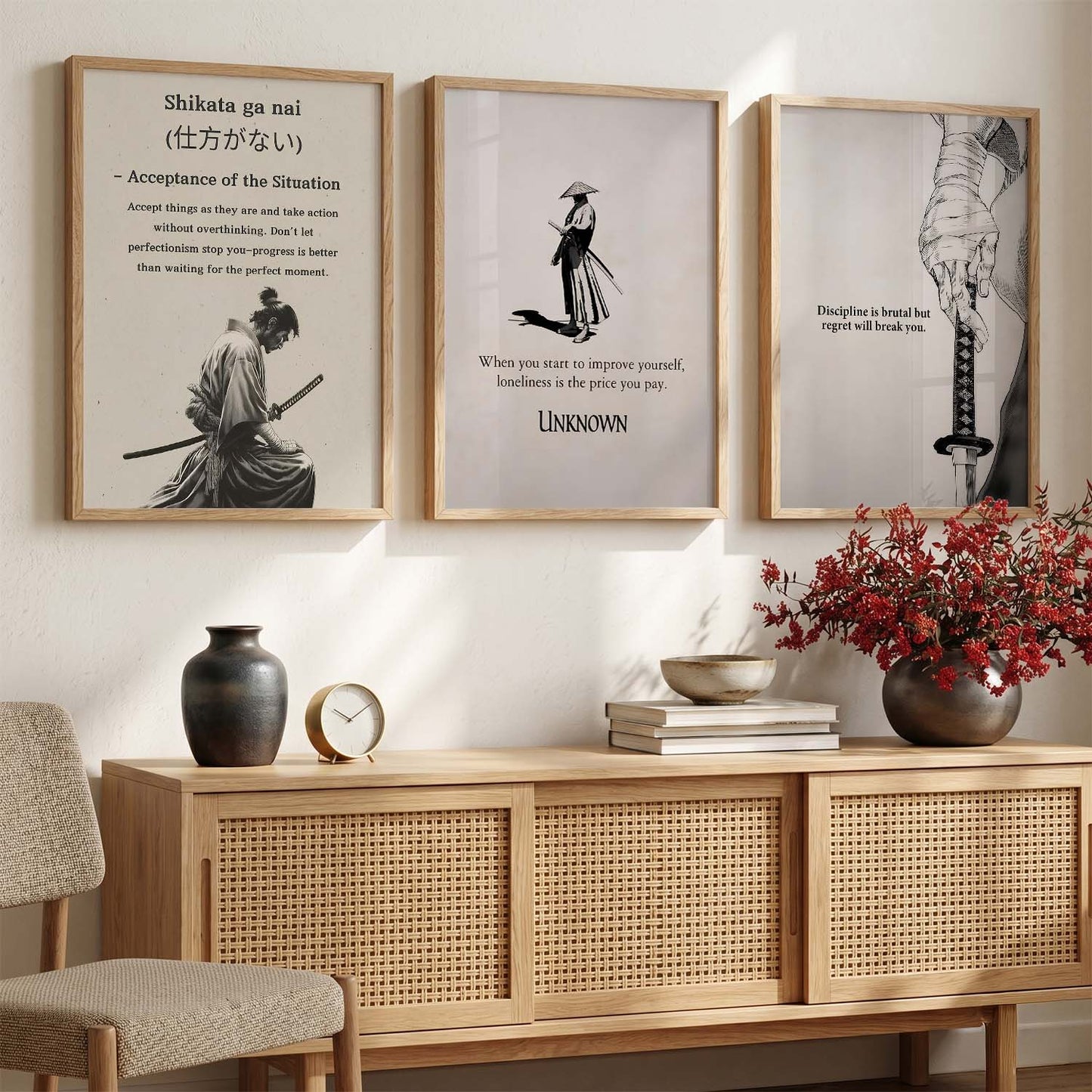 Japanese Samurai Motivational Quotes - Aesthetic Design Wall Art Set of 3 Framed Prints