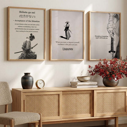Japanese Samurai Motivational Quotes - Aesthetic Design Wall Art Set of 3 Framed Prints