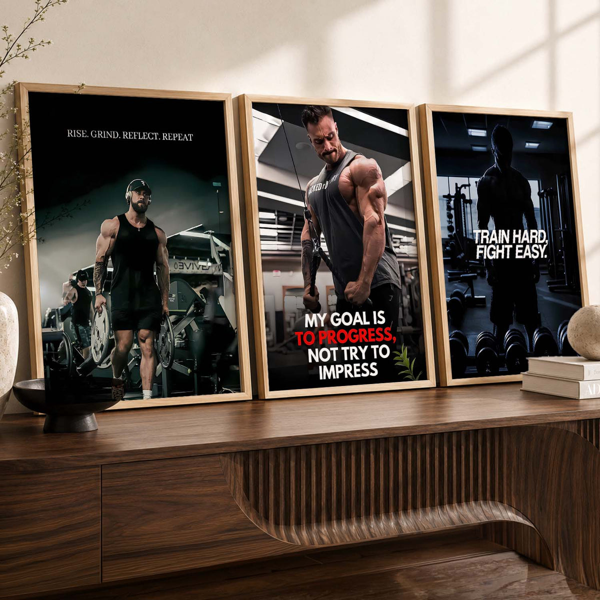 Aesthetic Bodybuilding Gym Motivational Quotes Wall Art Set of 3 Framed Prints for Fitness Room