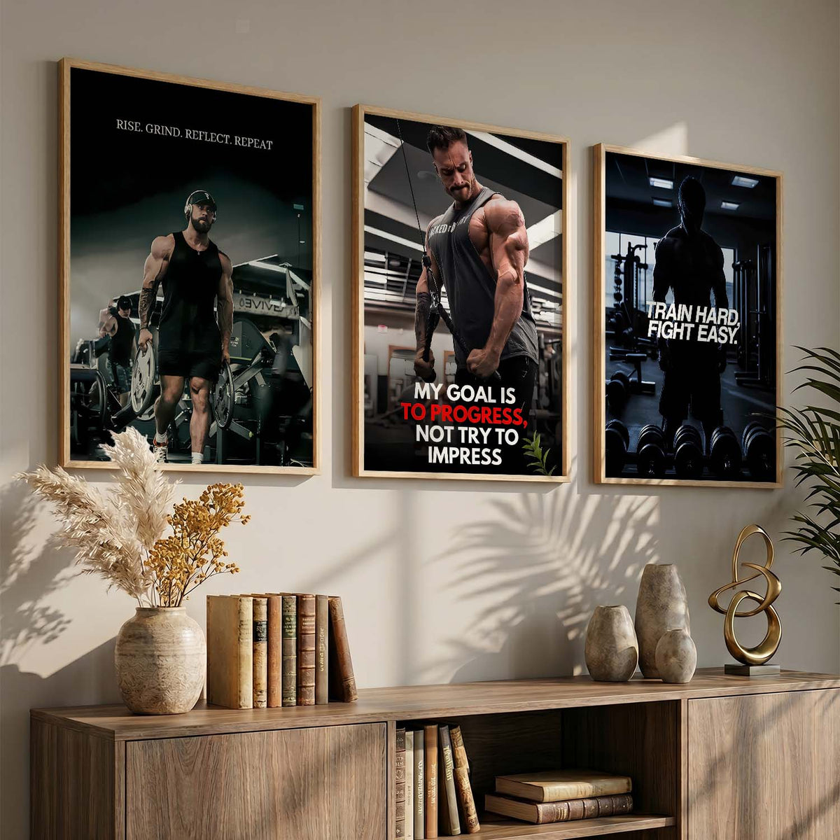 Aesthetic Bodybuilding Gym Motivational Quotes Wall Art Set of 3 Framed Prints for Fitness Room