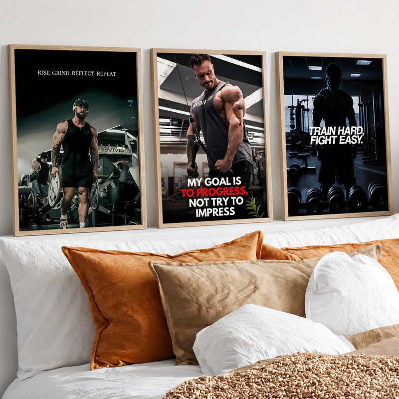 Aesthetic Bodybuilding Gym Motivational Quotes Wall Art Set of 3 Framed Prints for Fitness Room