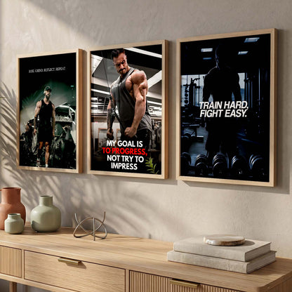 Aesthetic Bodybuilding Gym Motivational Quotes Wall Art Set of 3 Framed Prints for Fitness Room