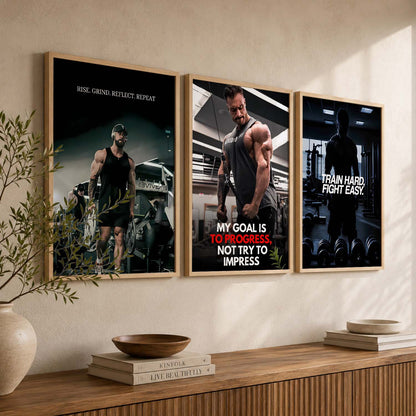 Aesthetic Bodybuilding Gym Motivational Quotes Wall Art Set of 3 Framed Prints for Fitness Room