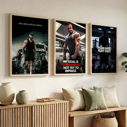 Aesthetic Bodybuilding Gym Motivational Quotes Wall Art Set of 3 Framed Prints for Fitness Room