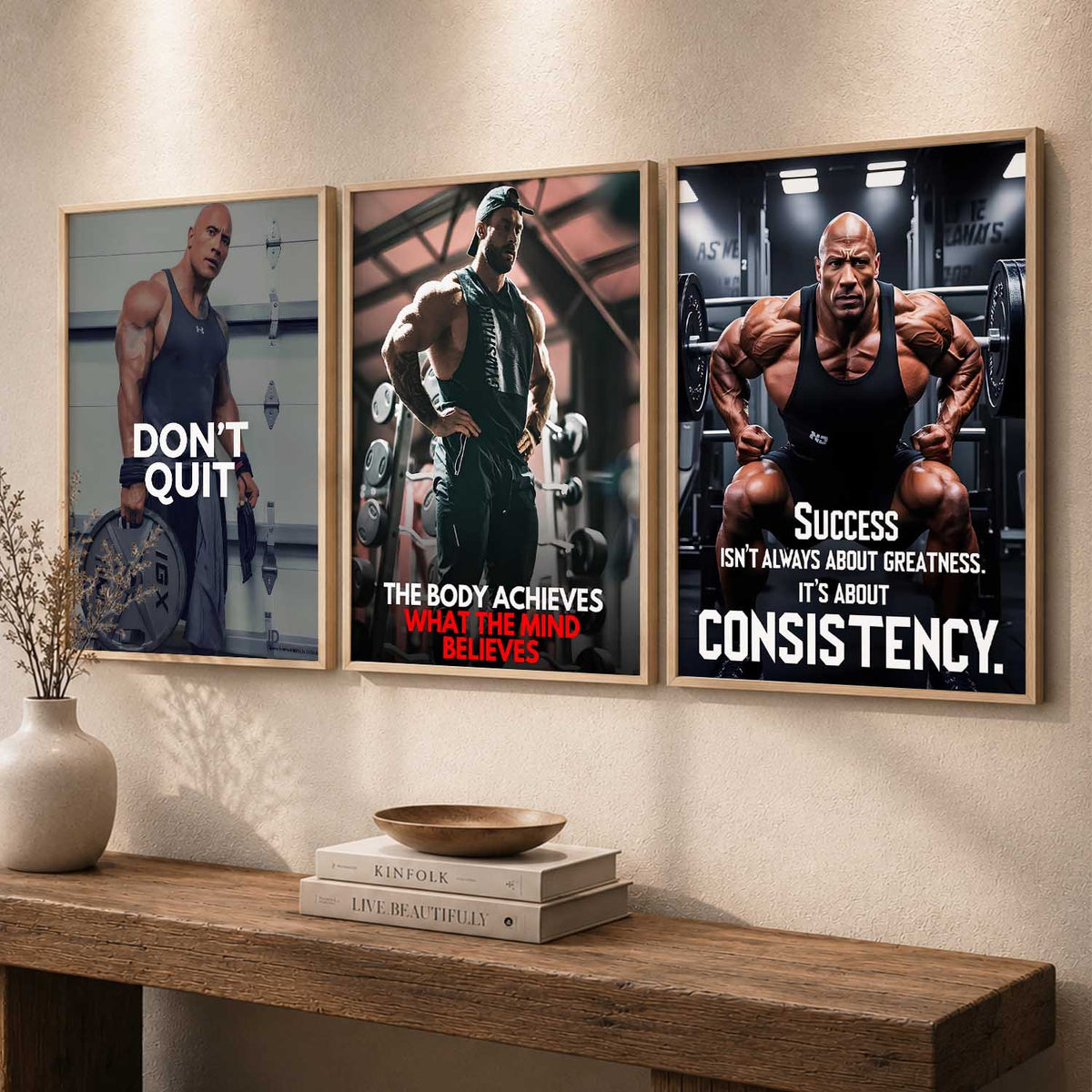 Gym Modern Motivational Quotes Wall Art Set of 3 Framed Prints