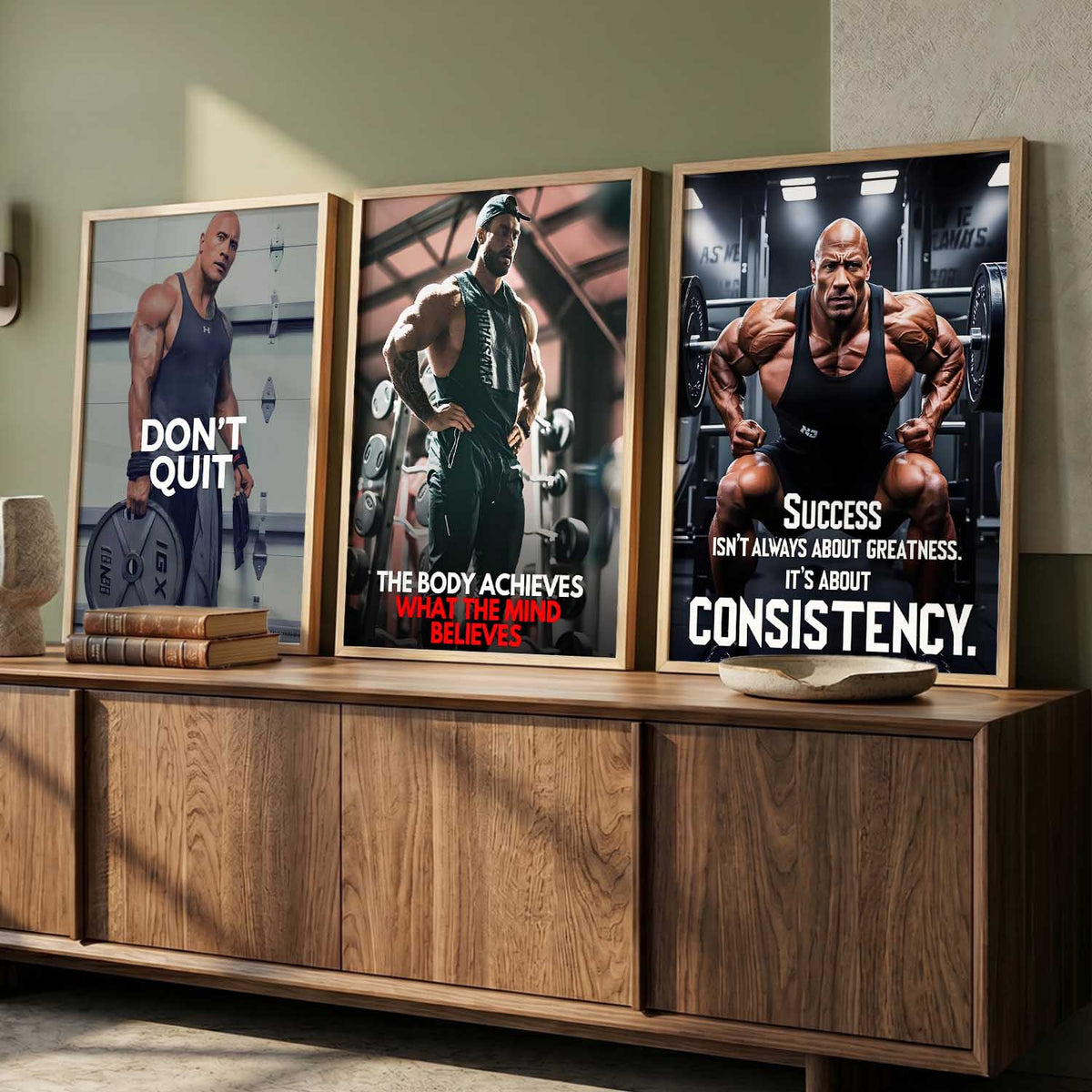 Gym Modern Motivational Quotes Wall Art Set of 3 Framed Prints