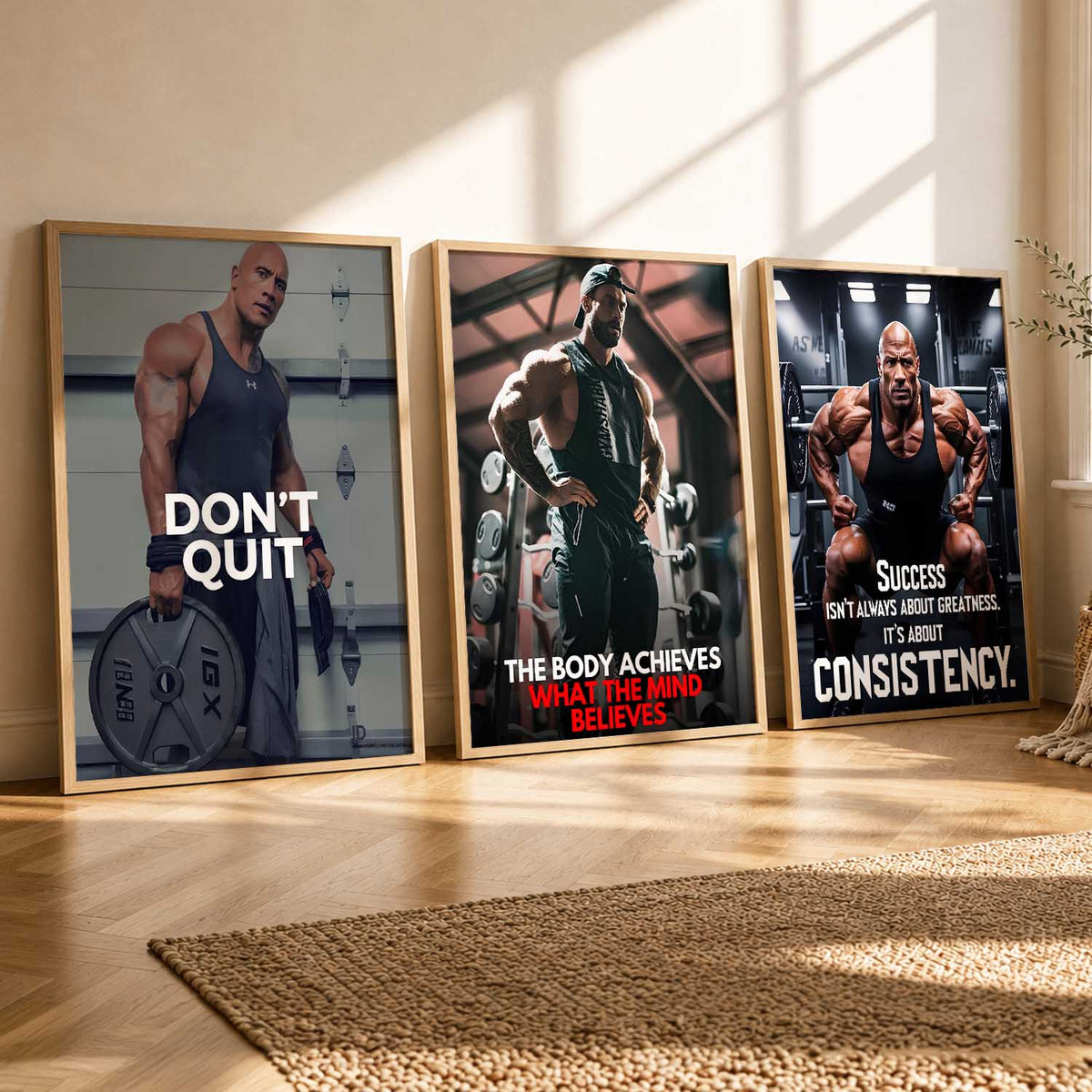 Gym Modern Motivational Quotes Wall Art Set of 3 Framed Prints