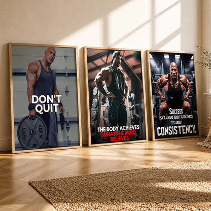 Gym Modern Motivational Quotes Wall Art Set of 3 Framed Prints