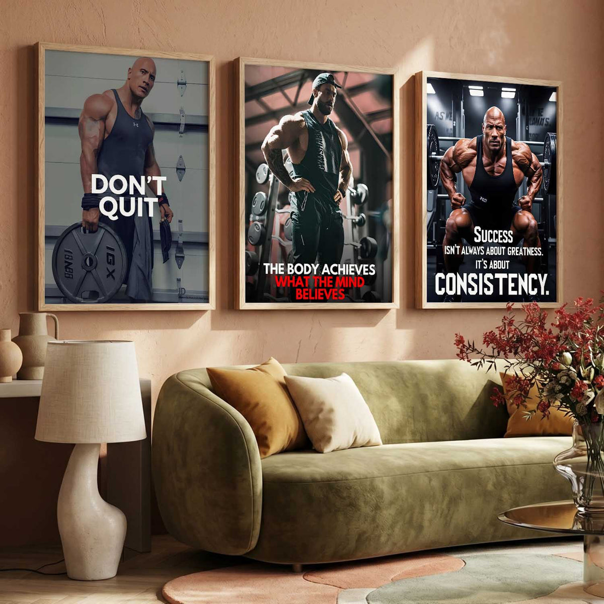 Gym Modern Motivational Quotes Wall Art Set of 3 Framed Prints
