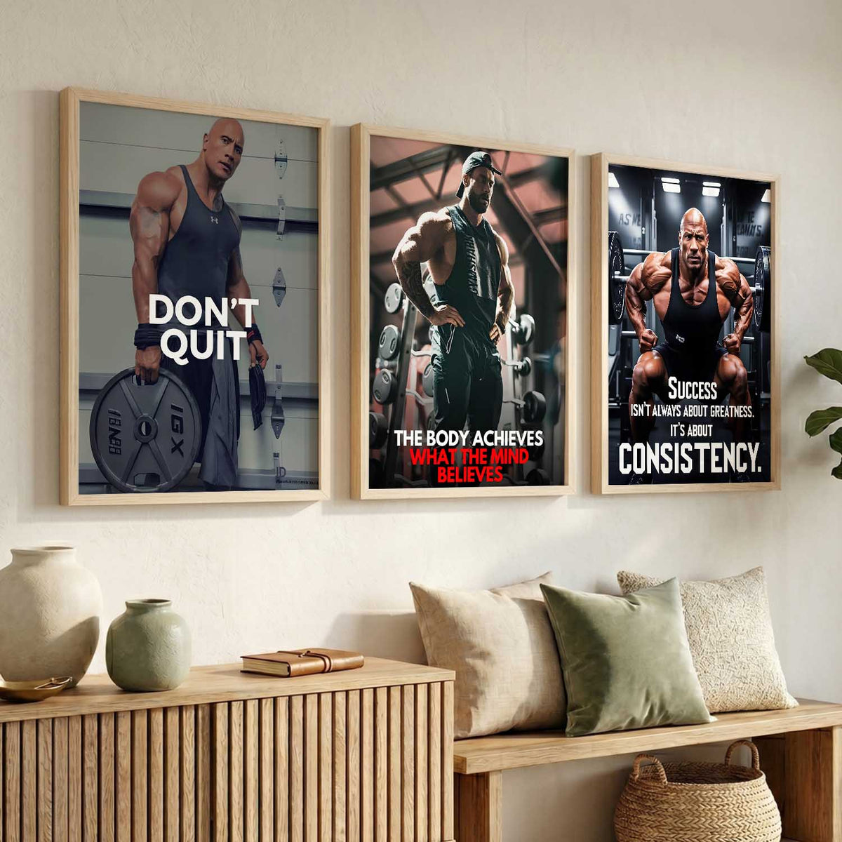 Gym Modern Motivational Quotes Wall Art Set of 3 Framed Prints