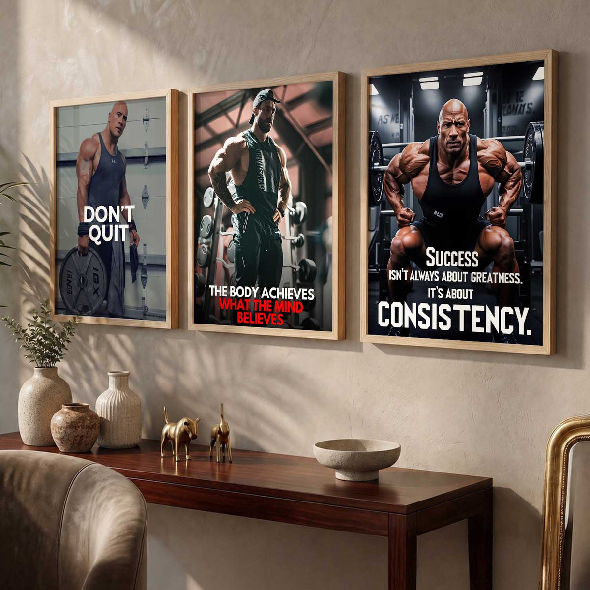 Gym Modern Motivational Quotes Wall Art Set of 3 Framed Prints