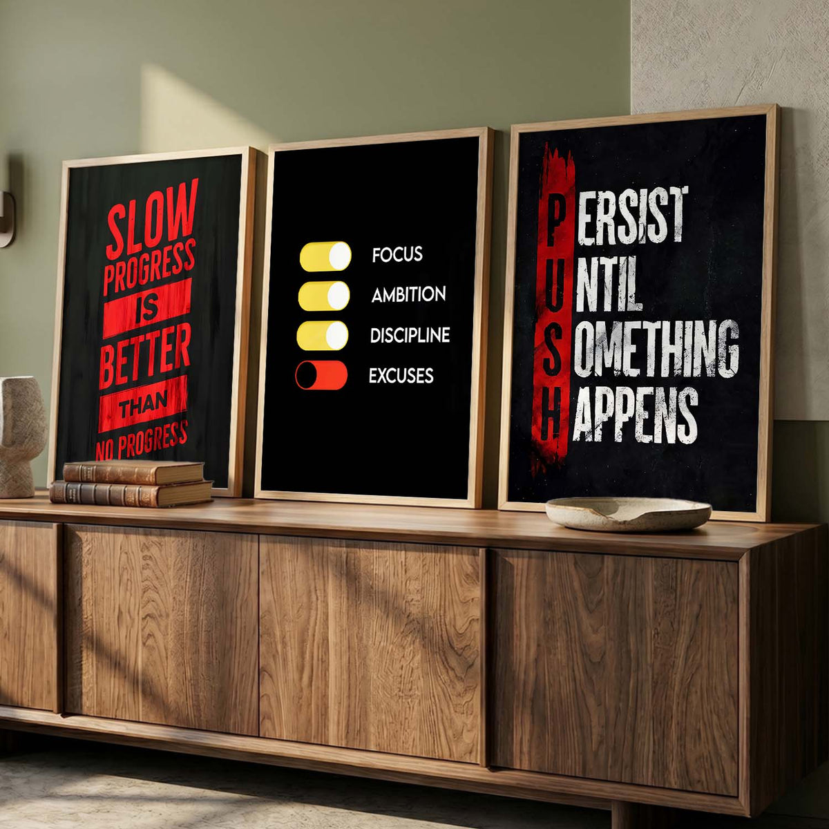 Bodybuilding Gym Motivational Quotes Wall Art Set of 3 Framed Prints for Training Room