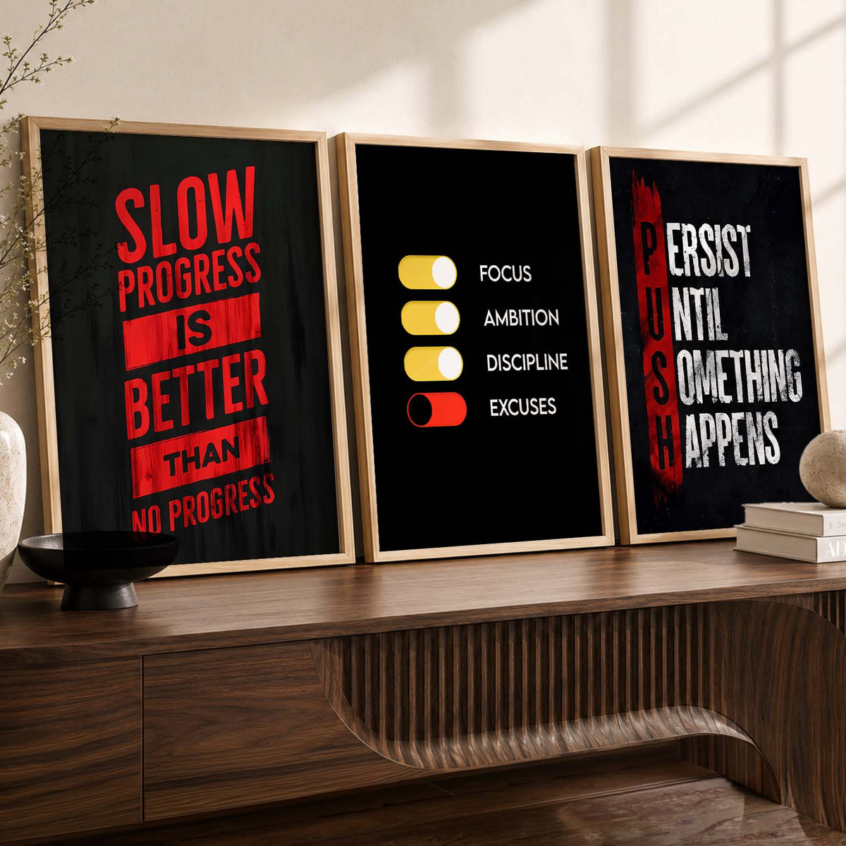 Bodybuilding Gym Motivational Quotes Wall Art Set of 3 Framed Prints for Training Room