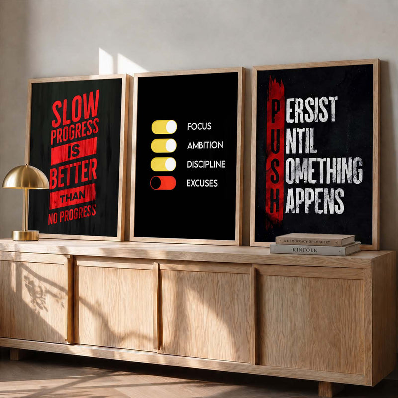 Bodybuilding Gym Motivational Quotes Wall Art Set of 3 Framed Prints for Training Room