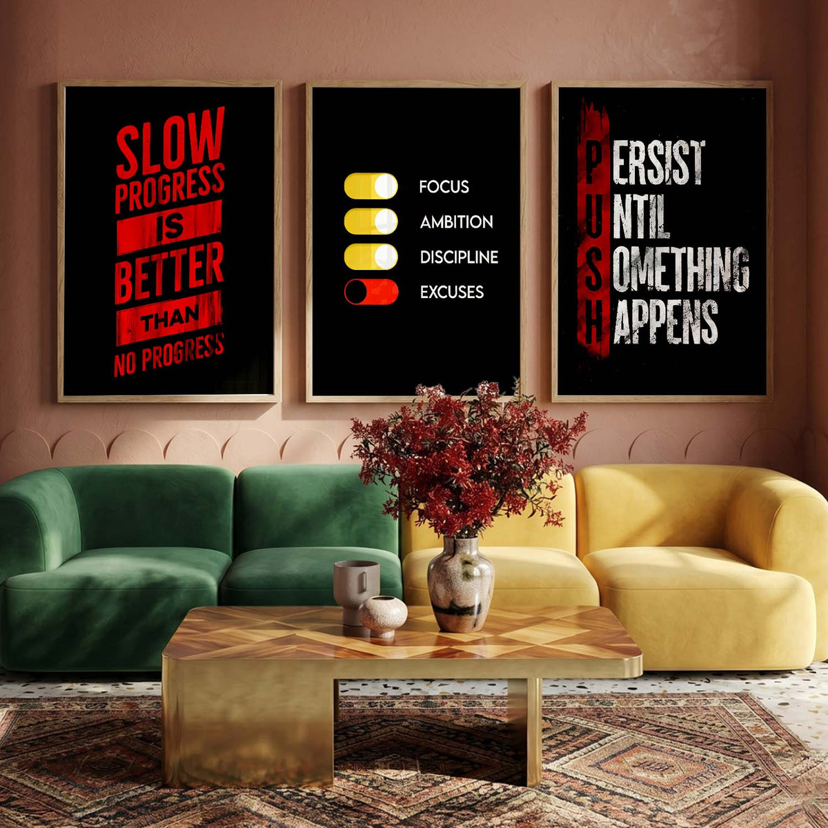 Bodybuilding Gym Motivational Quotes Wall Art Set of 3 Framed Prints for Training Room