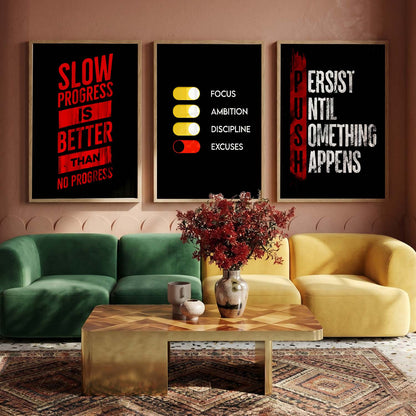 Bodybuilding Gym Motivational Quotes Wall Art Set of 3 Framed Prints for Training Room
