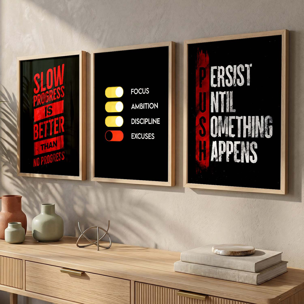 Bodybuilding Gym Motivational Quotes Wall Art Set of 3 Framed Prints for Training Room
