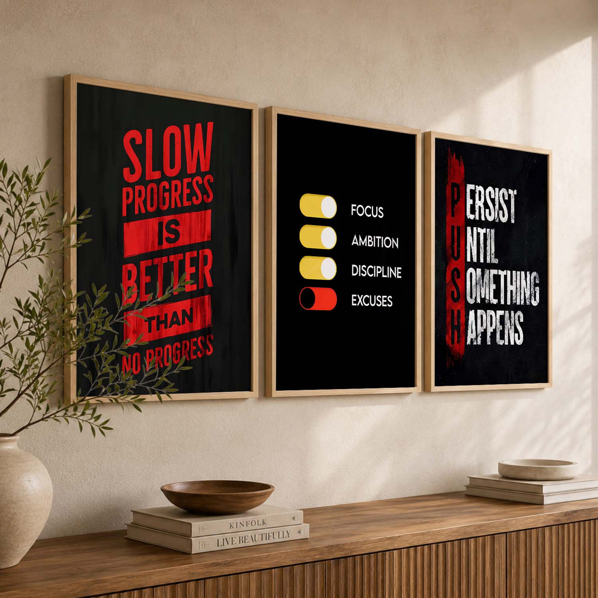 Bodybuilding Gym Motivational Quotes Wall Art Set of 3 Framed Prints for Training Room