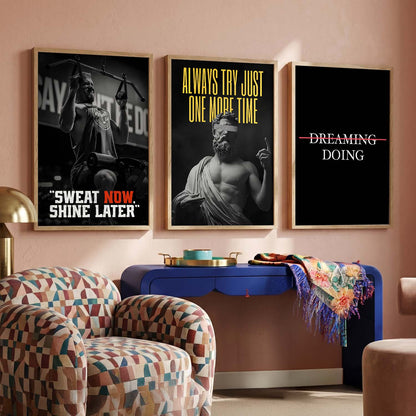 Bodybuilding Gym Motivational Quotes Wall Art Set of 3 Framed Prints for Workout Space