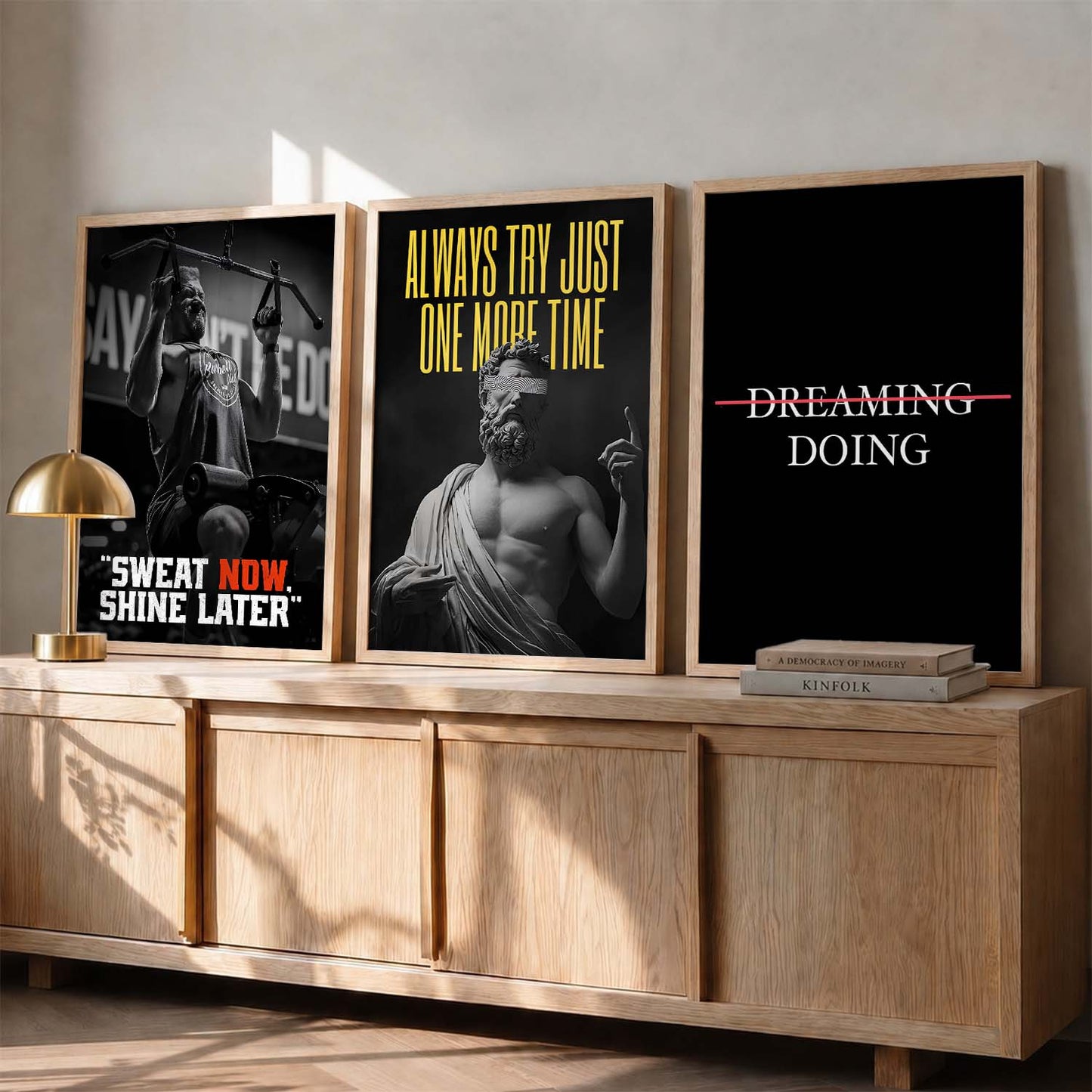 Bodybuilding Gym Motivational Quotes Wall Art Set of 3 Framed Prints for Workout Space