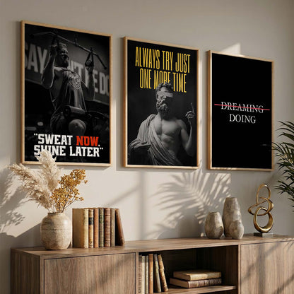 Bodybuilding Gym Motivational Quotes Wall Art Set of 3 Framed Prints for Workout Space