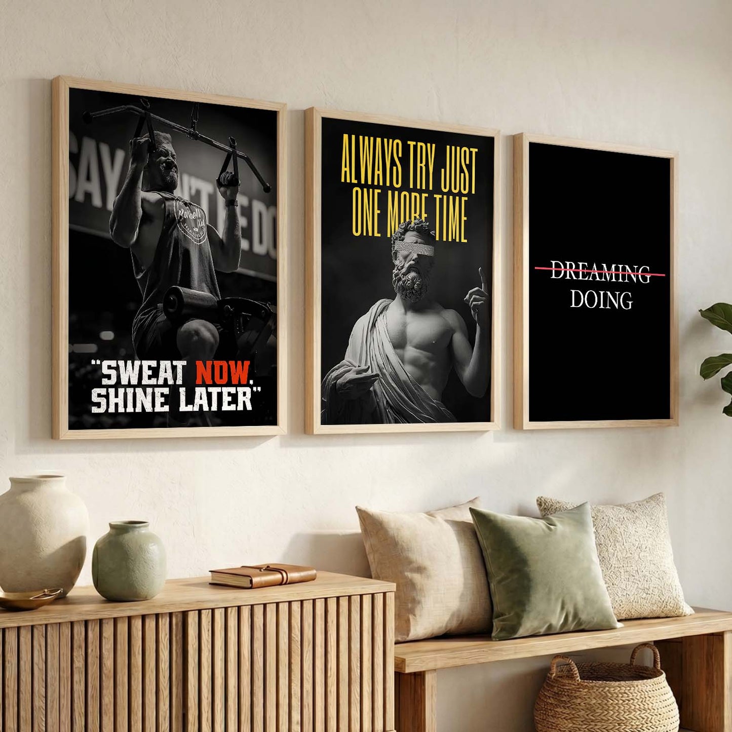 Bodybuilding Gym Motivational Quotes Wall Art Set of 3 Framed Prints for Workout Space