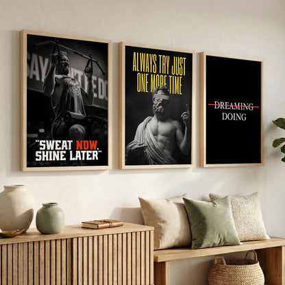 Bodybuilding Gym Motivational Quotes Wall Art Set of 3 Framed Prints for Workout Space