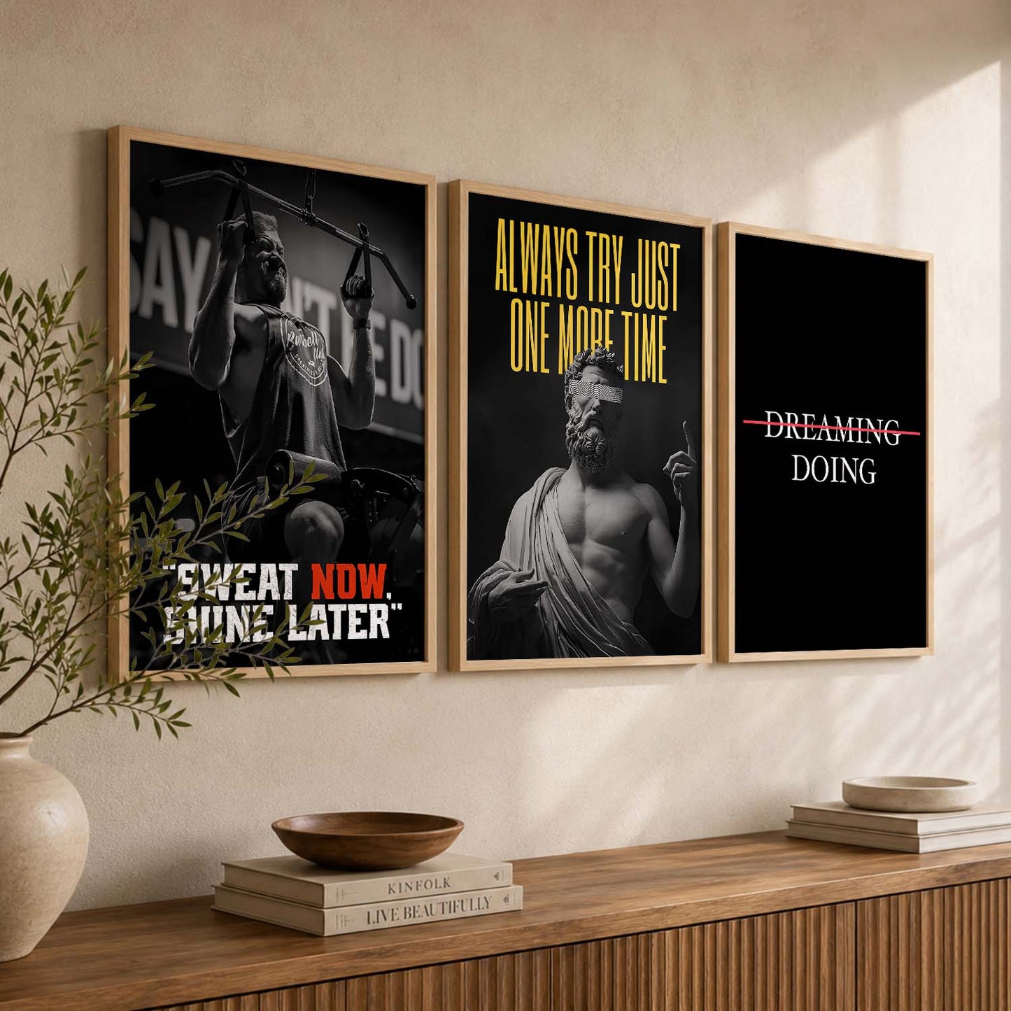 Bodybuilding Gym Motivational Quotes Wall Art Set of 3 Framed Prints for Workout Space