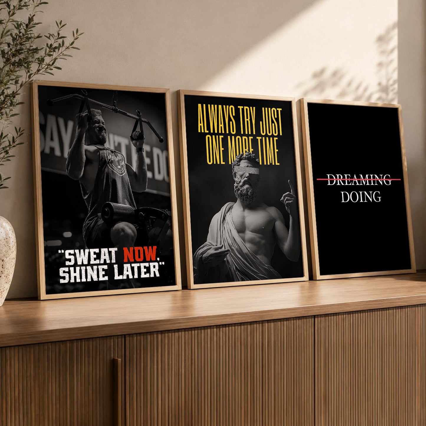 Bodybuilding Gym Motivational Quotes Wall Art Set of 3 Framed Prints for Workout Space