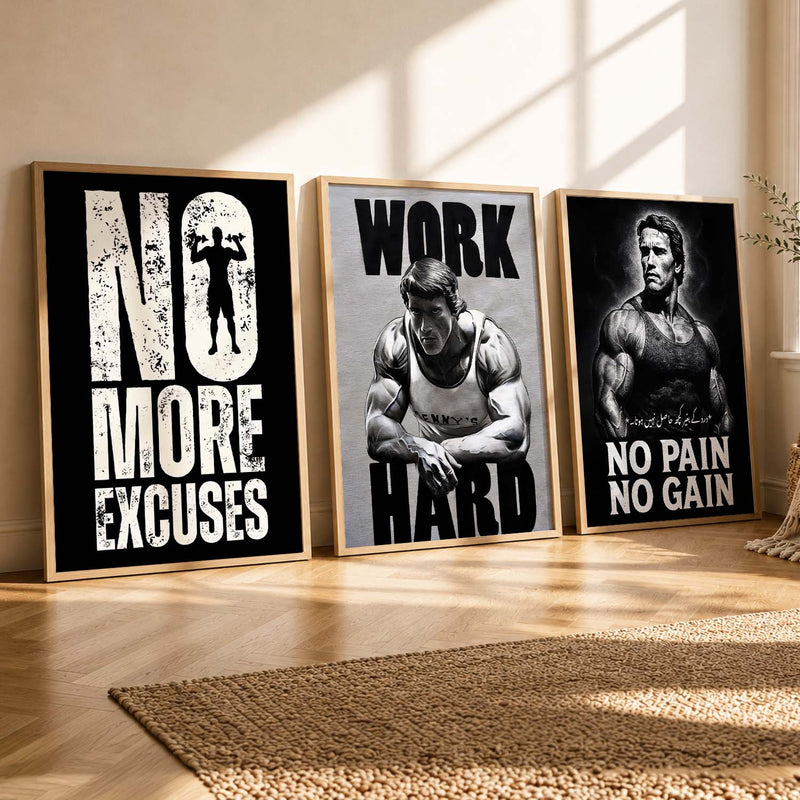 Workout Gym Motivational Quotes Wall Art Set of 3 Framed Prints for Fitness Room