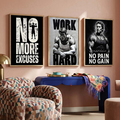 Workout Gym Motivational Quotes Wall Art Set of 3 Framed Prints for Fitness Room