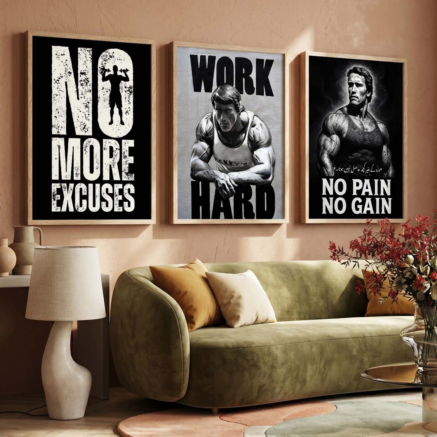 Workout Gym Motivational Quotes Wall Art Set of 3 Framed Prints for Fitness Room