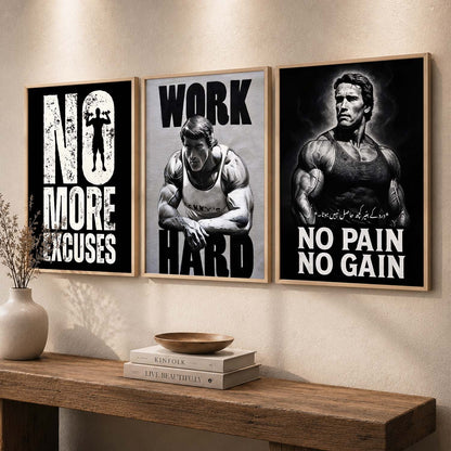 Workout Gym Motivational Quotes Wall Art Set of 3 Framed Prints for Fitness Room