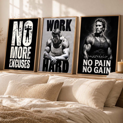 Workout Gym Motivational Quotes Wall Art Set of 3 Framed Prints for Fitness Room