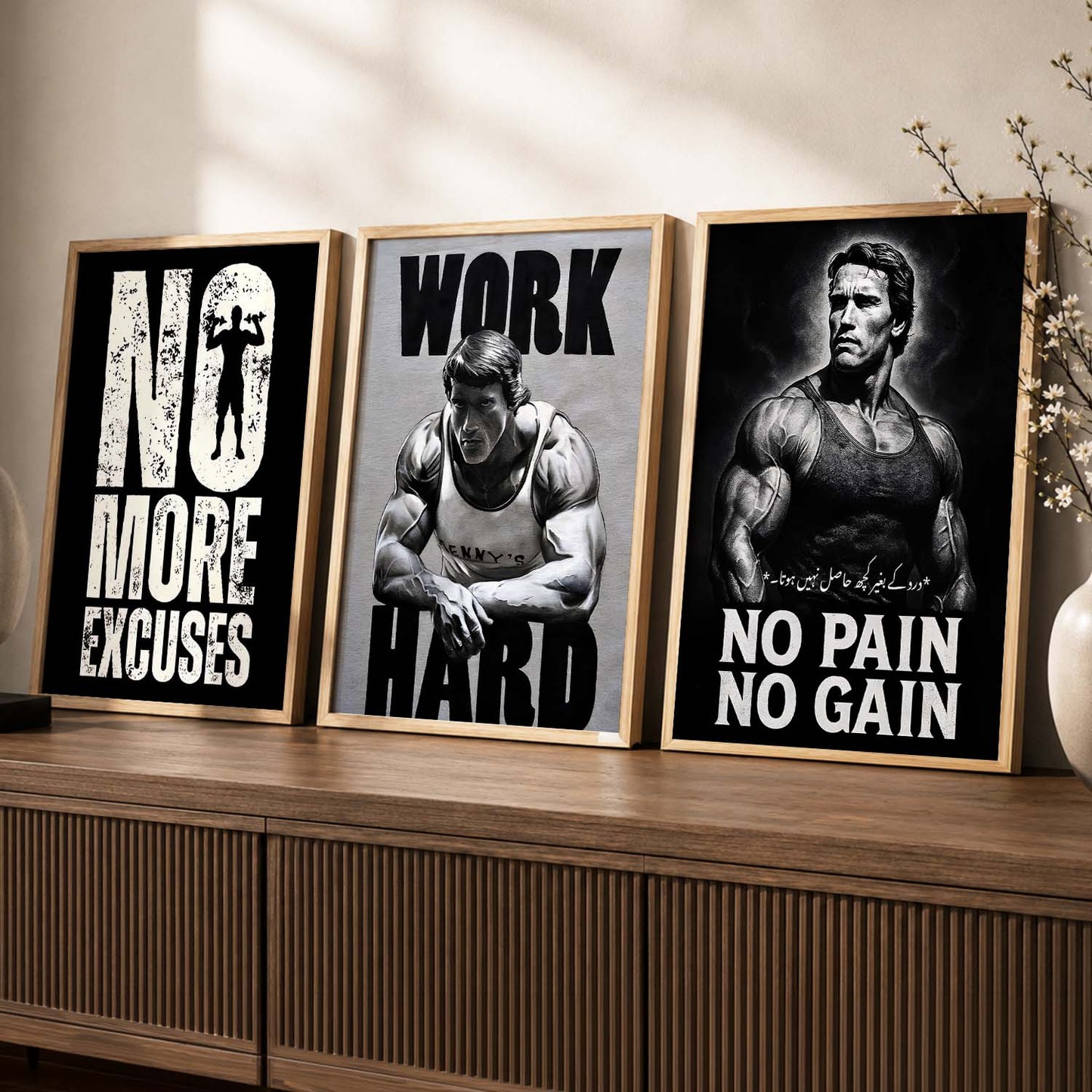 Workout Gym Motivational Quotes Wall Art Set of 3 Framed Prints for Fitness Room