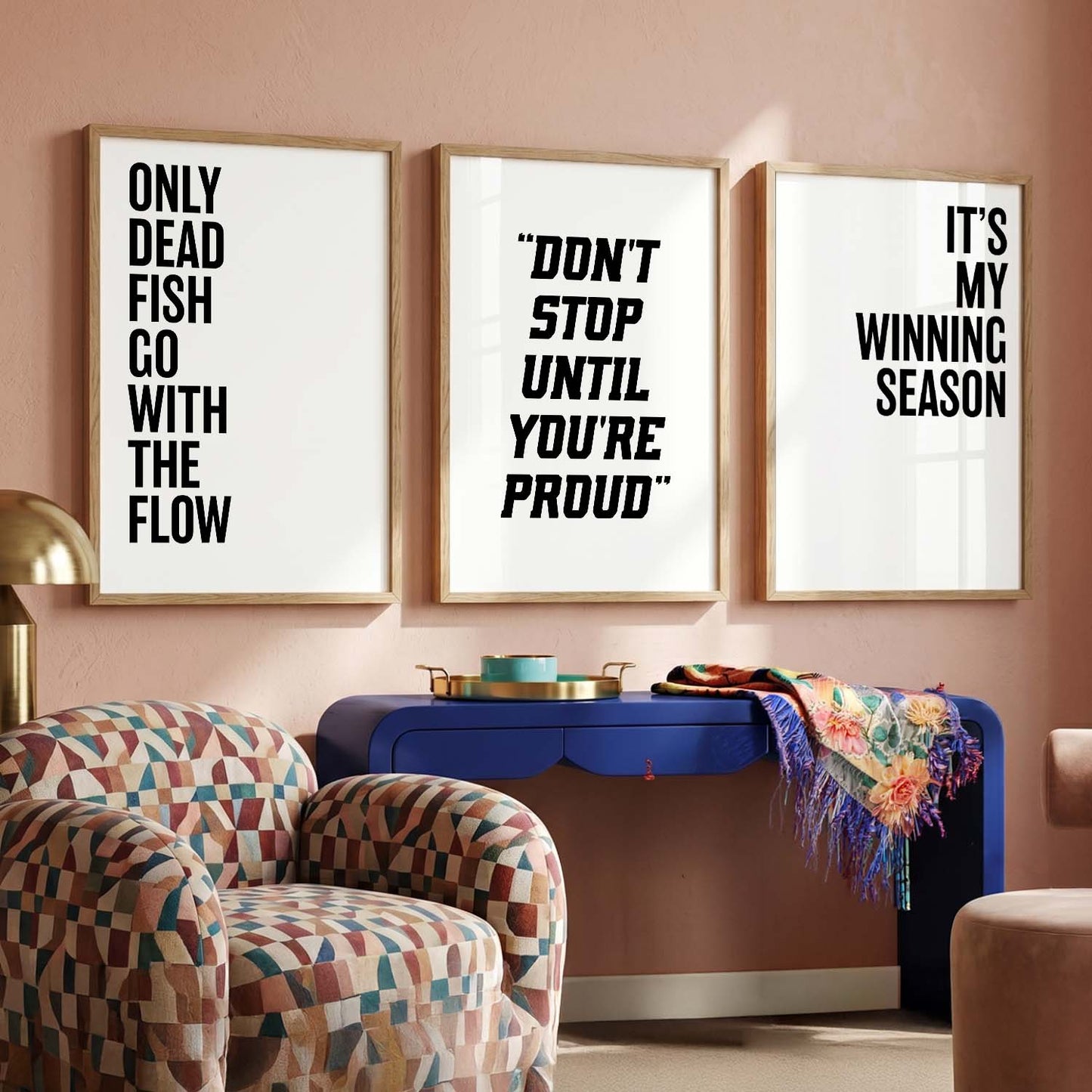 Modern Typography Motivational Quotes Wall Art Set of 3 Framed Prints for Workout Space
