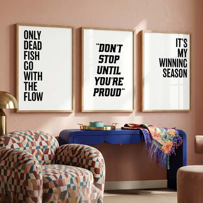 Modern Typography Motivational Quotes Wall Art Set of 3 Framed Prints for Workout Space