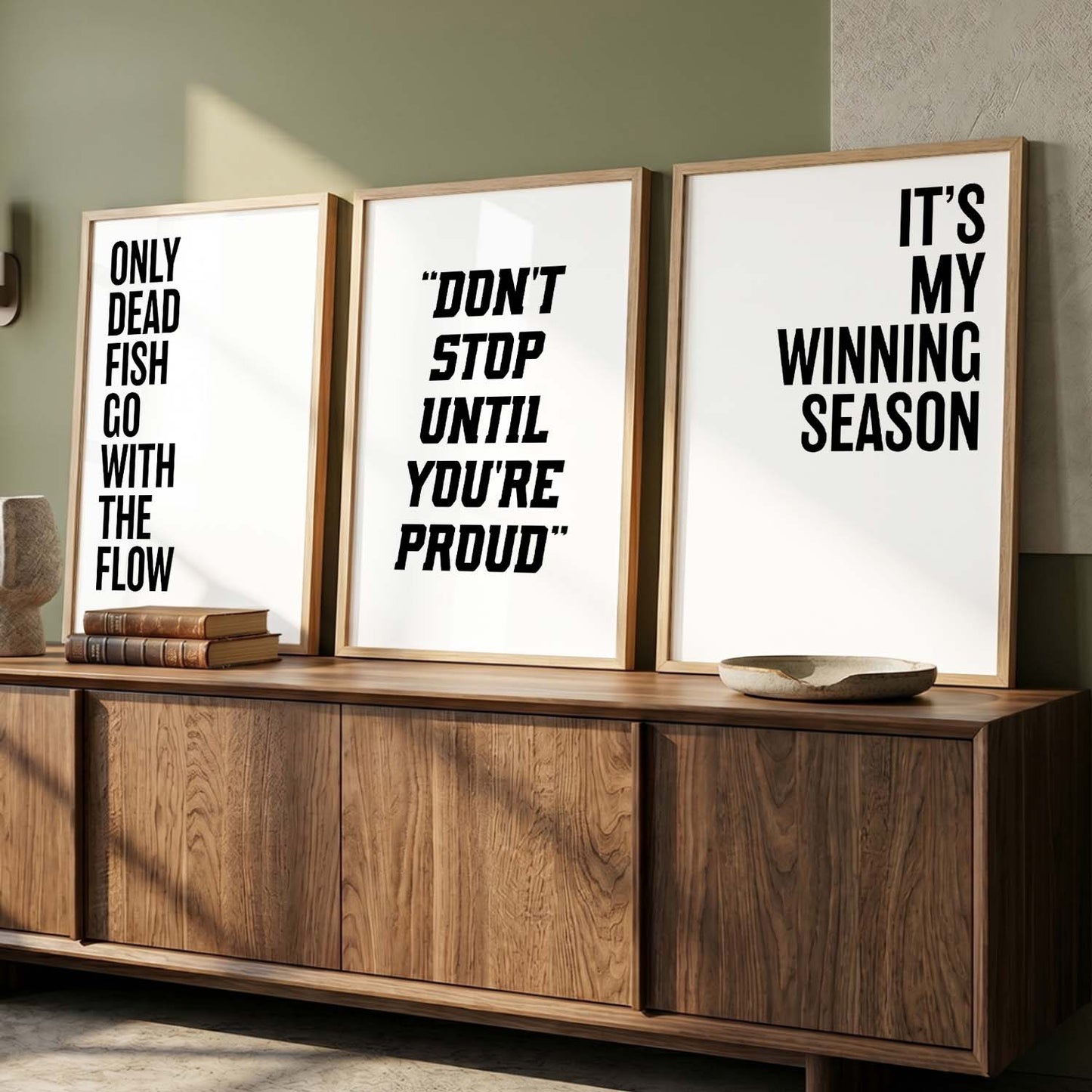 Modern Typography Motivational Quotes Wall Art Set of 3 Framed Prints for Workout Space