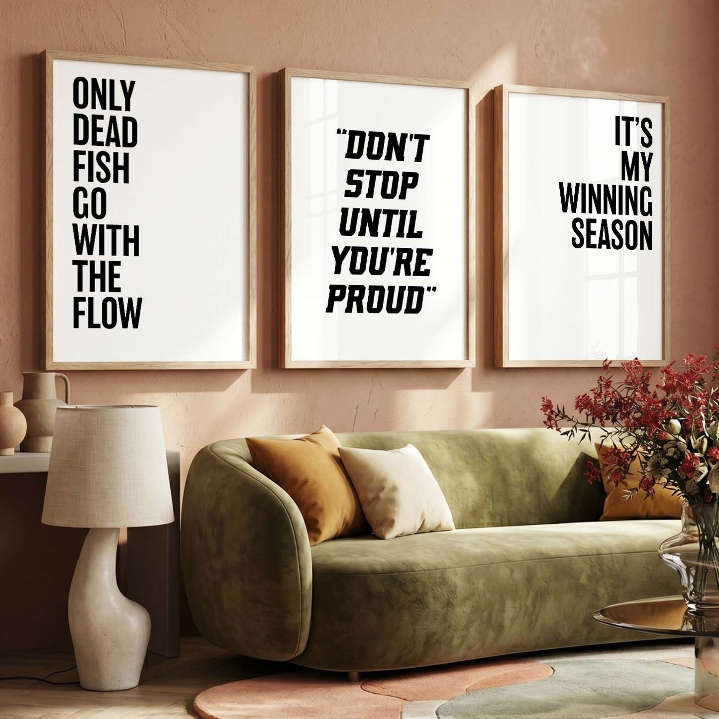 Modern Typography Motivational Quotes Wall Art Set of 3 Framed Prints for Workout Space