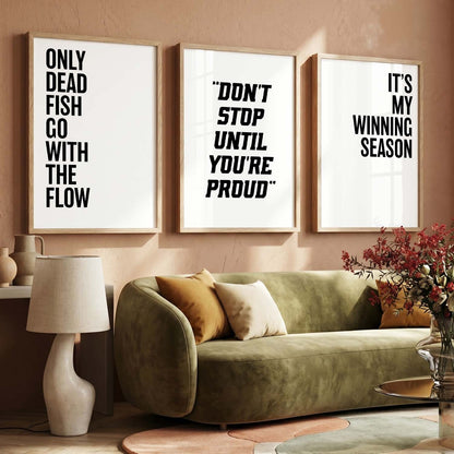 Modern Typography Motivational Quotes Wall Art Set of 3 Framed Prints for Workout Space