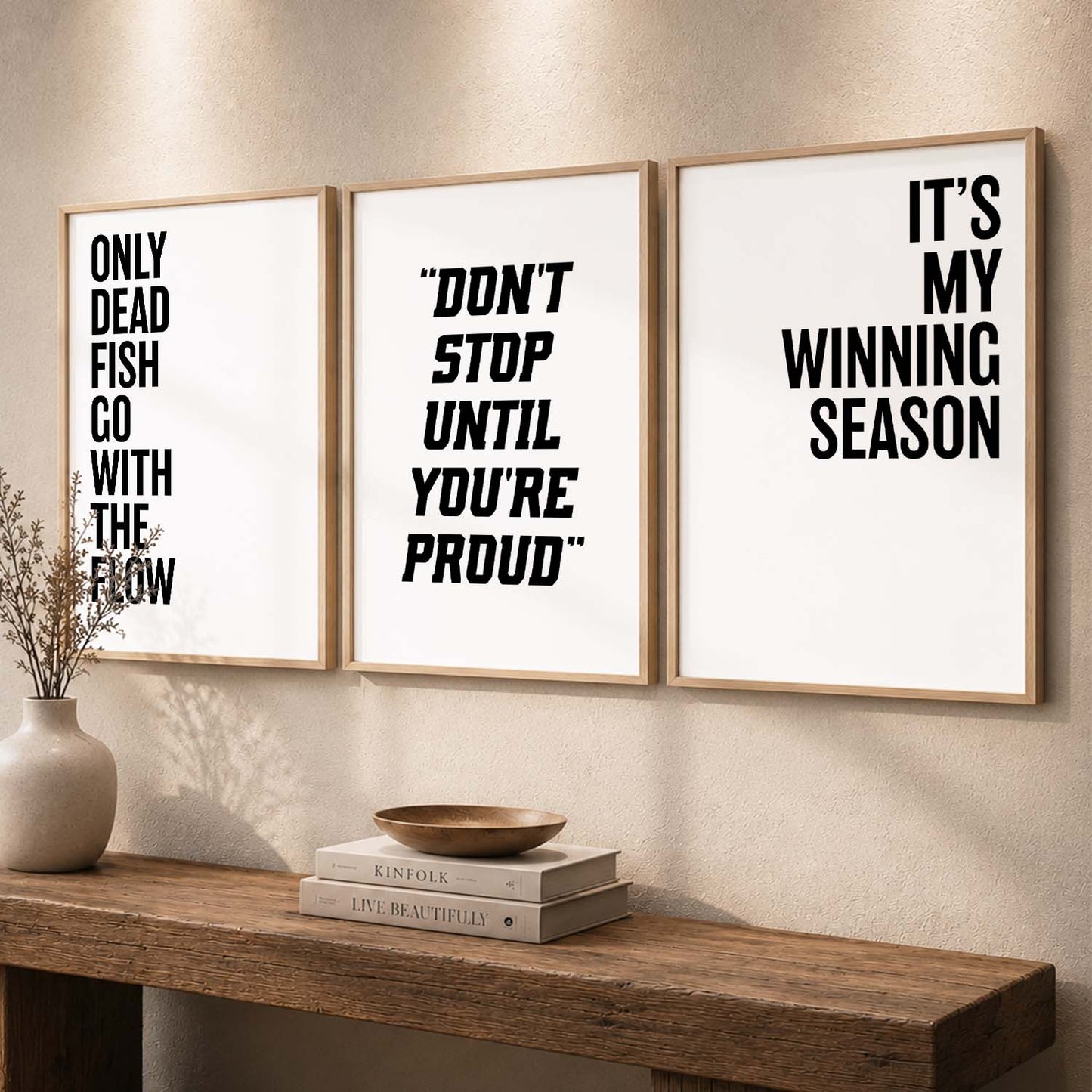 Modern Typography Motivational Quotes Wall Art Set of 3 Framed Prints for Workout Space