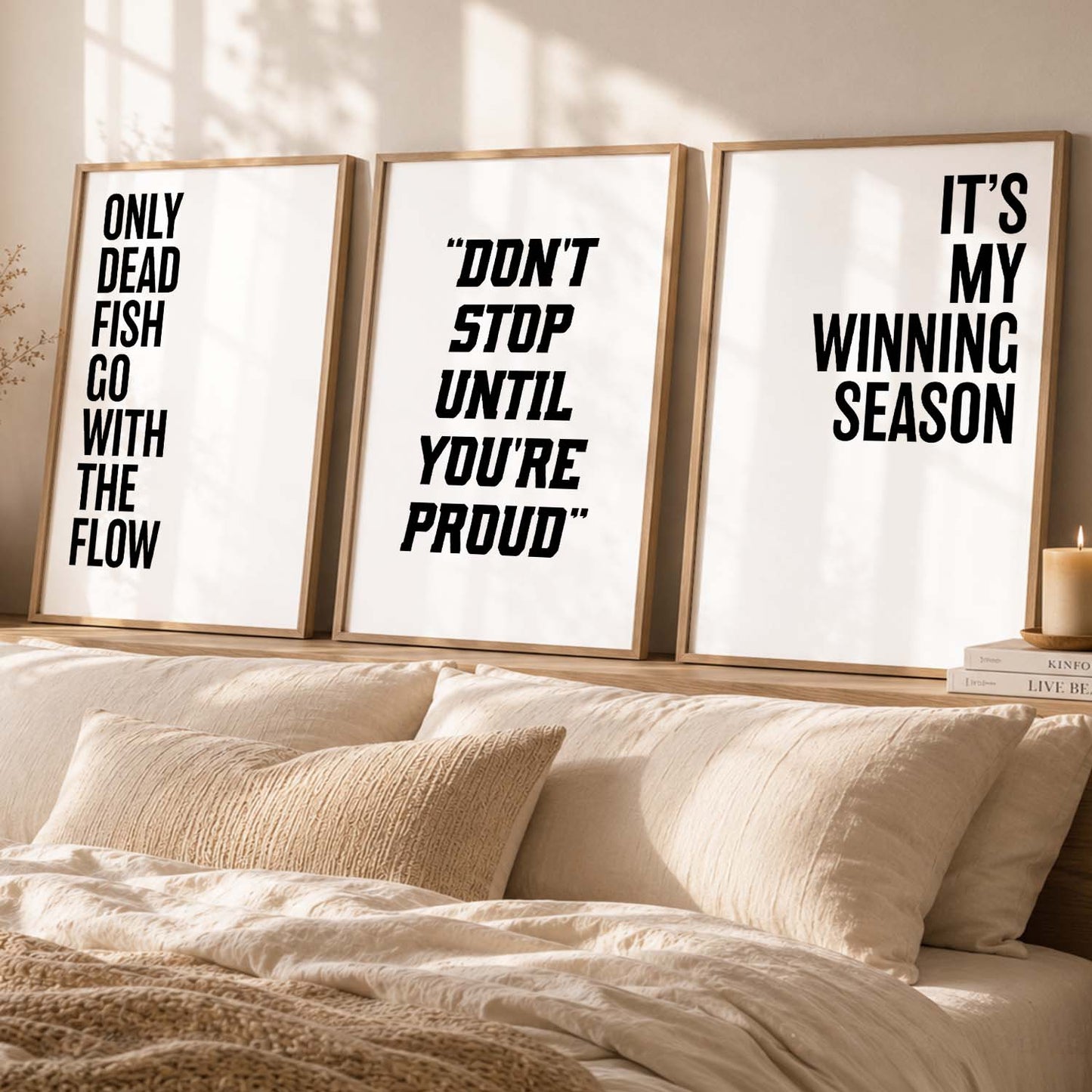 Modern Typography Motivational Quotes Wall Art Set of 3 Framed Prints for Workout Space