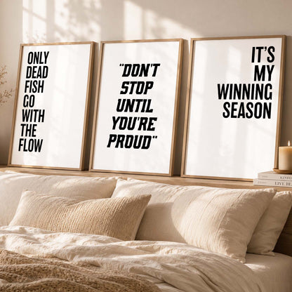 Modern Typography Motivational Quotes Wall Art Set of 3 Framed Prints for Workout Space