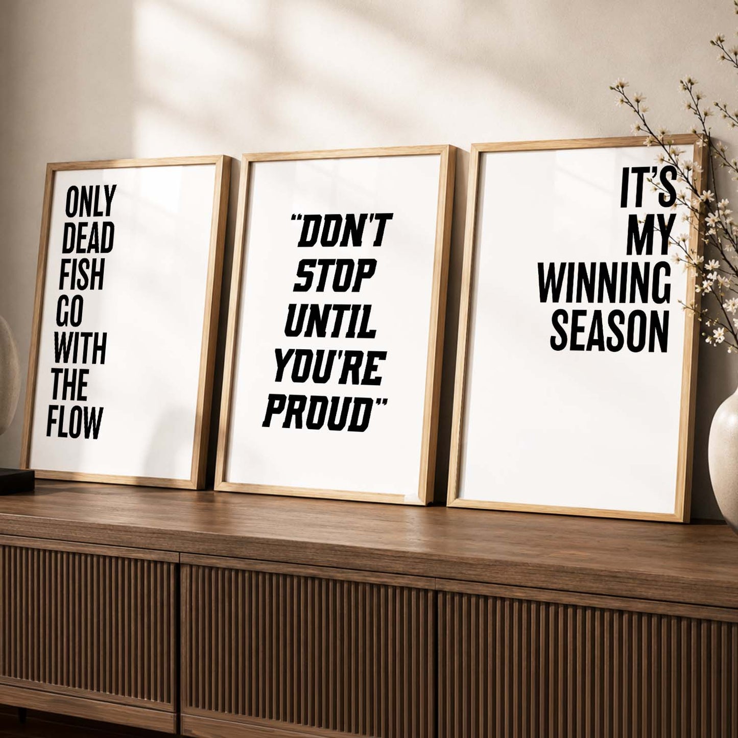 Modern Typography Motivational Quotes Wall Art Set of 3 Framed Prints for Workout Space